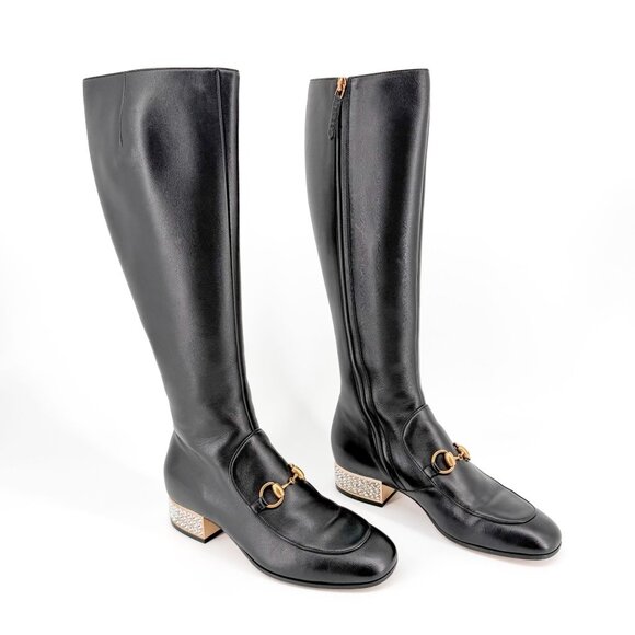 Gucci Shoes - Gucci Mister Black Knee High Horsebit Crystal Heel Boots Size 37 US 7 Women's